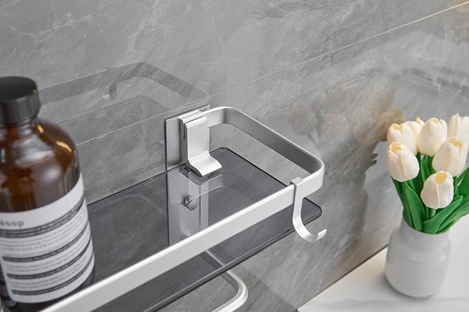 VOLPONE Glass Bathroom Shelf 15.7 in Bathroom Wall Shelf with Towel Holder Tempered Glass Shelf Wall Mount with 2 Removable Hooks Silver（1 Tier）