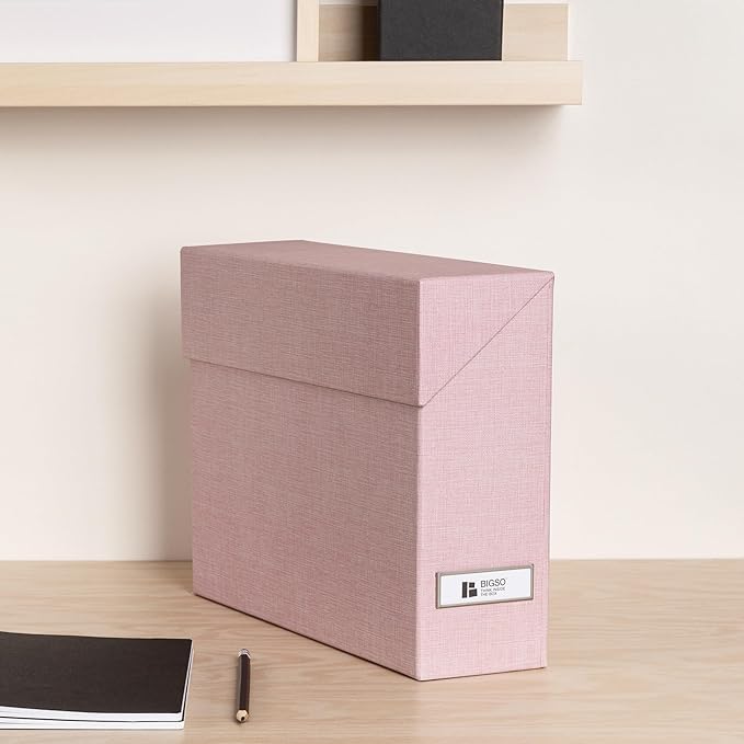 Bigso Lovisa Fiberboard Label Frame 12 File Storage Box - Paperwork Storage Box with Metal Label Holder - Durable Document Organizer with Flip Top Lid - 3.7in x 13in x 9.4 in - Melange Pink