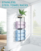Towel Racks for Bathroom, 2 Tier Wall Towel Holder with Wood Shelf, Metal Wall Mounted Towel Rack Bathroom Organizers and Storage, Black