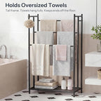 HOOBRO Free Standing Towel Rack for Bathroom, 25.2" L x 11.4" W x 39.4" H, 3-Tier Blanket Rack Stand with Bottom Mesh, Freestanding Quilt Stand with Adjustable Feet, Industrial Style, Black BK09LB01
