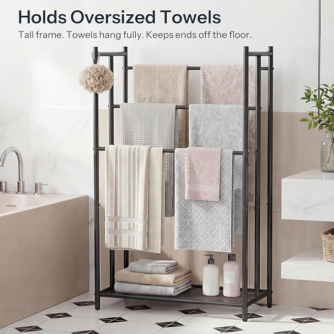 HOOBRO Free Standing Towel Rack for Bathroom, 25.2" L x 11.4" W x 39.4" H, 3-Tier Blanket Rack Stand with Bottom Mesh, Freestanding Quilt Stand with Adjustable Feet, Industrial Style, Black BK09LB01