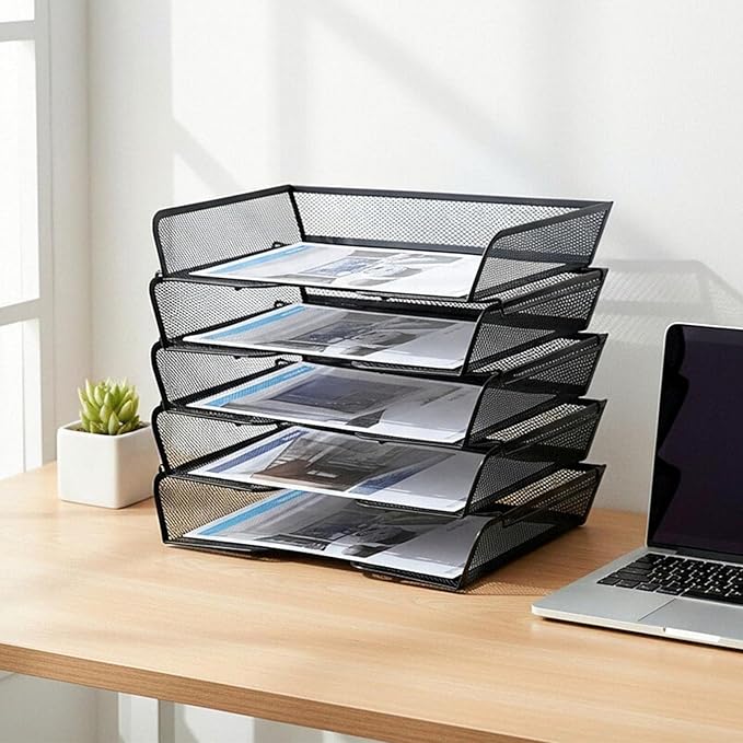 5 Tier Metal Mesh Desk Organizer-Stackable Letter Trays for Office Supplies,Black File Storage System with Reinforced Edges