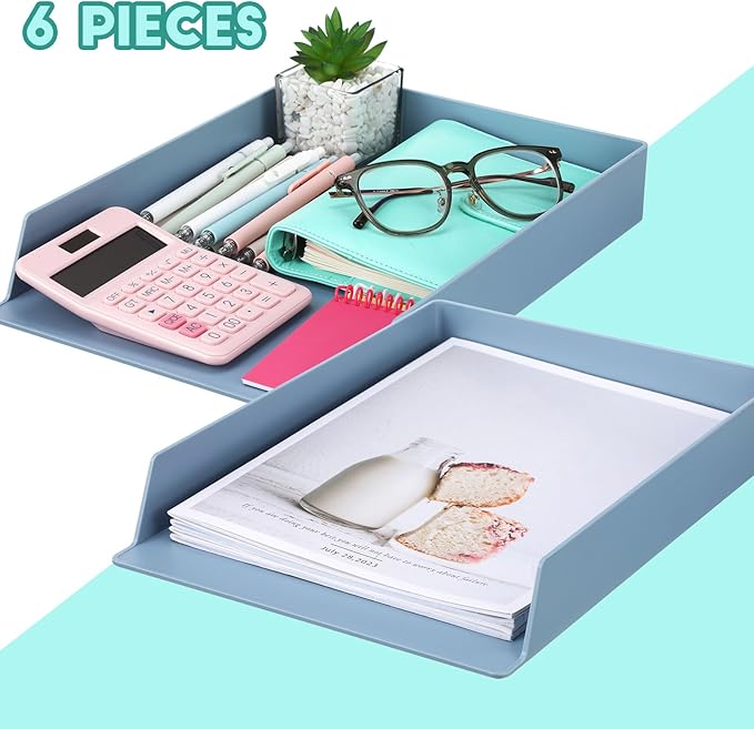 TecUnite 6 Pieces Stackable Letter Trays Blue Rectangular Stackable Office Letter Size Plastic Organizer Desk Tray for Desk Plastic Stacking Support for File Storage Office Classroom