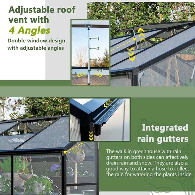 Heavy Duty Polycarbonate Greenhouse with Ventilation Windows and UV Protection for Backyard Garden Growing (6x8 FT)