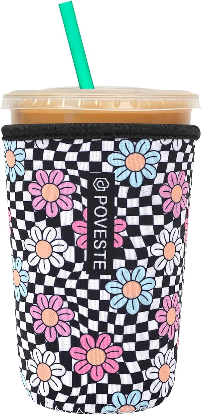 Reusable Neoprene Insulator Sleeve for Iced Coffee & Cold Soda, Coffee Sleeves for Iced & Hot Drinks, Cold Beverage Cooler Compatible with Starbucks, Dunkin (Checkerboard&Daisy, Medium: 22-24oz)