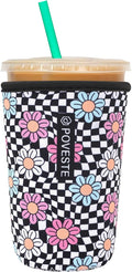 Reusable Neoprene Insulator Sleeve for Iced Coffee & Cold Soda, Coffee Sleeves for Iced & Hot Drinks, Cold Beverage Cooler Compatible with Starbucks, Dunkin (Checkerboard&Daisy, Medium: 22-24oz)
