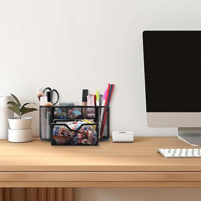 Desk Organizers and Accessories with Pencil Pen Holder Supply 8 Compartments and 1 Pullout Drawer for Home, School, and Office. (Black)