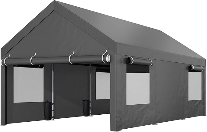 Shintenchi Carport 10' x 20' Heavy Duty Portable Garage, Carport Canopy with Side-Opening Door & Roll-Up Windows, Car Canopy for Truck,Car,Grey