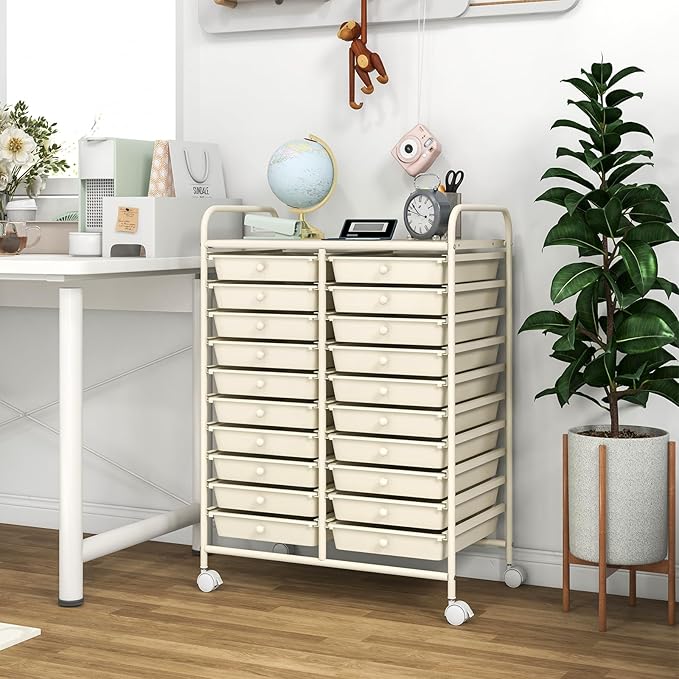 GOFLAME 20-Drawer Rolling Storage Cart, Multifunctional Art Craft Organizer, Mobile Utility Storage with Removable Drawers & Lockable Wheels, Craft Cart for Home Office, White