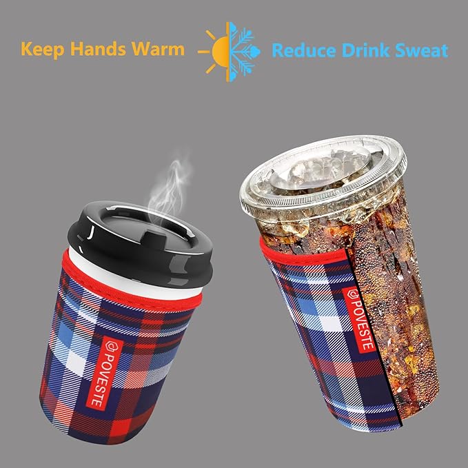 Reusable Neoprene Insulator Sleeve for Iced Coffee & Cold Soda, Coffee Sleeves for Iced & Hot Drinks, Cold Beverage Cooler Compatible with Starbucks, Dunkin (Scottish Plaid, Small: 16-18oz)