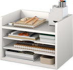 Ballucci File Organizer, 4-Tier Office Desk Organizer, Open Top Wood Paper Organizer for Classroom, Desktop Mail Sorter Paper Tray, White