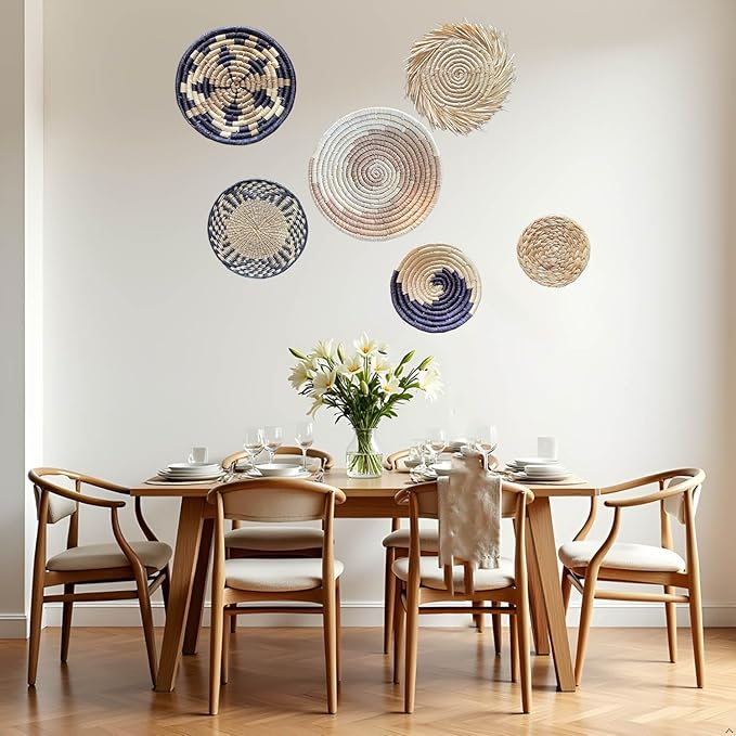 Laquedecraft Boho Round Handmade Wall Basket Decor | Woven Seagrass Rattan Wicker Wall Decor Hanging Rustic Flat Elegant Wall Art for Farmhouse Living Rooms Bedrooms Display Table Settings Kitchen Home (Bohemian, 6)