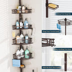Consumest Corner Shower Caddy Tension Pole - Rustproof Shower Shelves with Towel Bar & Soap Holder, Adjustable Bath Organizer for Bathroom Storage, 27.6-108.3 inch, Bronze