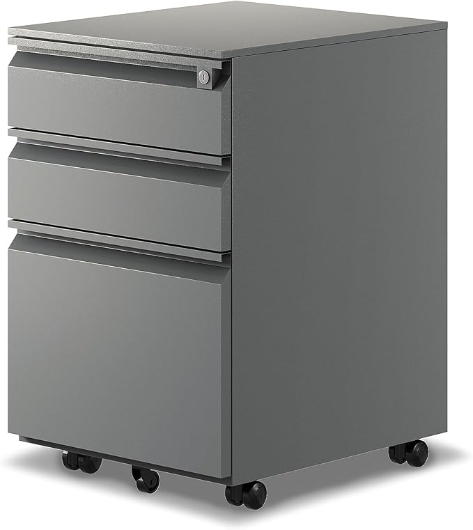 3-Drawer Mobile File Cabinets Rolling ，Vertical Metal Filing Cabinet for Legal & Letter File Anti-tilt Design with Lock Under Desk Office Drawers Fully Assembled (Grey)