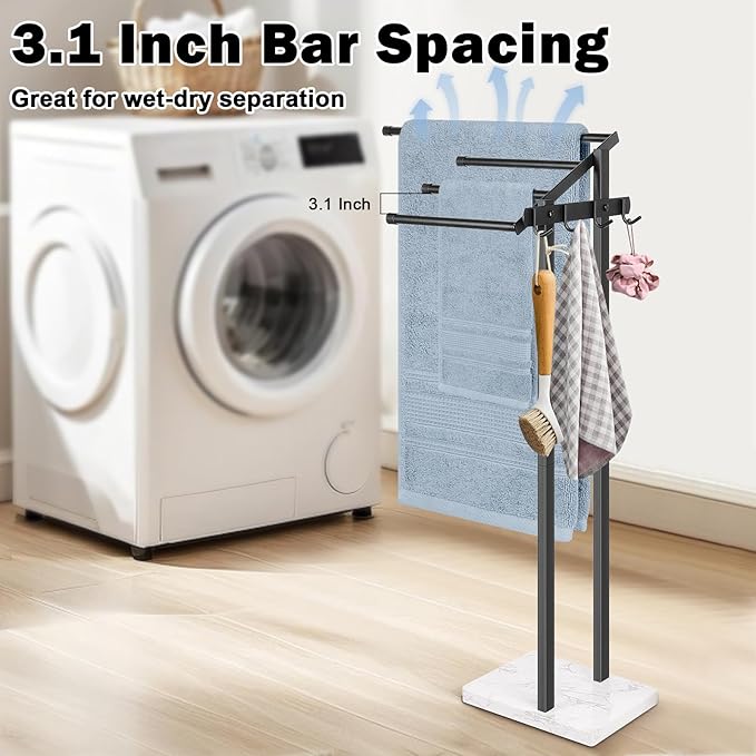 HarJue Towel Rack for Bathroom, 36” H Towel Holder Stand, Bath Towels Sheet Holder with Marble Base, Standing Rack for Home Pool Outdoor Floor, Store Family Member Towels (Black, 36” H-Hooks)