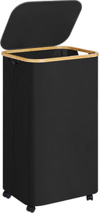 Laundry Basket with Wheels,100L Hampers for Laundry,Black Large Laundry Hamper with Lid and Bamboo Handles,Collapsible & Waterproof Tall Cloth Hamper for Dormitory Family