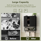 RUSTOWN Fluted Bathroom Wall Cabinet with 2 Doors, 3-Tier Modern Farmhouse Medicine Cabinet, Over The Toilet Storage Cabinet with Adjustable Shelf and Towel Bar (Black, Medium)