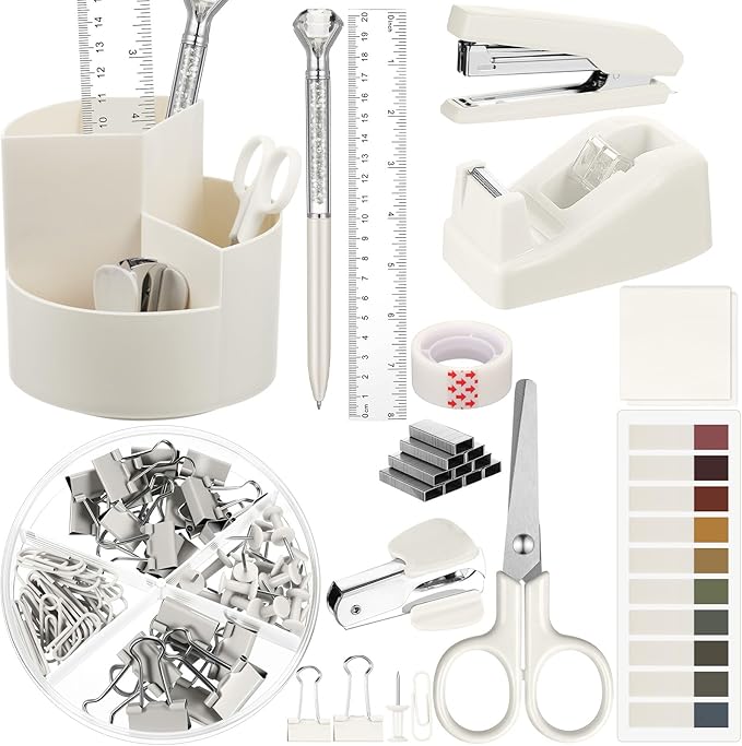 Marspark Beige Office Desk Accessories 12 Pcs Office Supplies Set 360° Rotating Pen Holder, Stapler, Tape Dispenser, Scissor, Sticky Notes, Binder Clips, Desk Organizers Gift for School