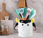 Cow Kitchen Utensil Holder For Countertop Ceramic Utensil Crock For Kitchen Countertop, White Pink Decor Cute Farmhouse Storage Organizer For Forks, Spoons & Cooking Tools