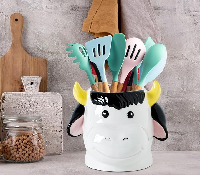 Cow Kitchen Utensil Holder For Countertop Ceramic Utensil Crock For Kitchen Countertop, White Pink Decor Cute Farmhouse Storage Organizer For Forks, Spoons & Cooking Tools