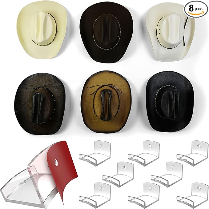 Modern JP Adhesive Hat Hooks for Wall (8-Pack) - Cowboy Hat Rack, Wide Brim Hat Organizer, Strong Hold Hat Hangers for Wall - Clear