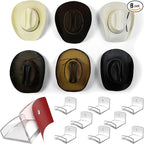 Modern JP Adhesive Hat Hooks for Wall (8-Pack) - Cowboy Hat Rack, Wide Brim Hat Organizer, Strong Hold Hat Hangers for Wall - Clear