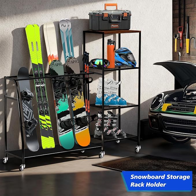 Heavy-Duty Freestanding Snowboard Rack & Snowboard Storage Rack with Wheels – Holds 4 Pairs of Skis, 3 Snowboards, Boots, Poles, Helmets & More Ski Sports Equipment – Ideal for Garage, Basement, Shed
