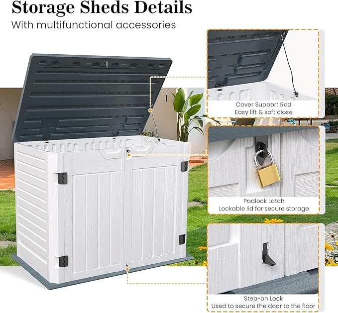 UDPATIO 4.5' x 2.5' Outdoor Storage Shed Horizontal Outdoor Trash Can Storage Box Plastic Shed Resin Cabinet,White & Grey,35 Cu.Ft
