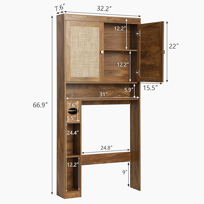 Over The Toilet Storage Cabinet Bathroom Shelf Over Toilet Bathroom Organizer Space Saver Rack with Adjustable Shelf (Brown- Yellow, Rattan Style)