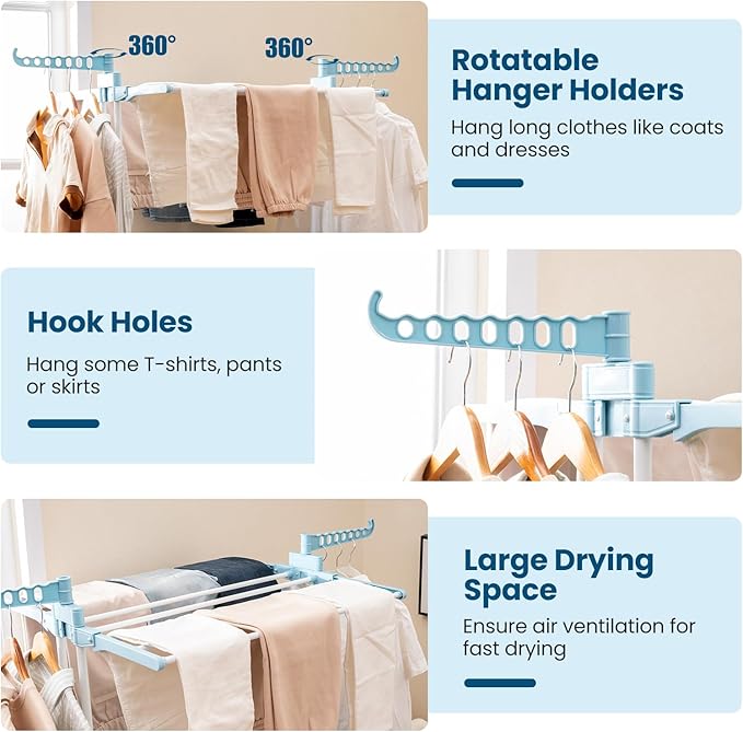 Giantex Foldable Clothes Drying Rack, Oversized 4-Tier Collapsible Laundry Rack w/ 3 Retractable Trays, Hanger Holders, Moveable Laundry Garment Dryer Stand w/Wheels for Indoor Outdoor Use, Blue