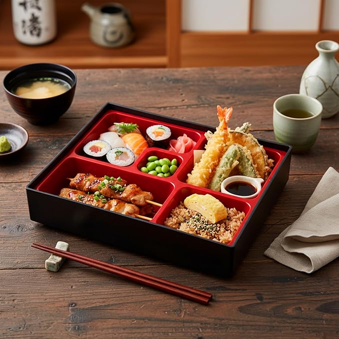 2 Pcs 12 x 9.5 x 2.2 Inch Japanese Lunch Box 5 Compartments Divided Bento Box with Greaseproof Adult Japanese Bento Lunch Container Sushi Home Restaurant