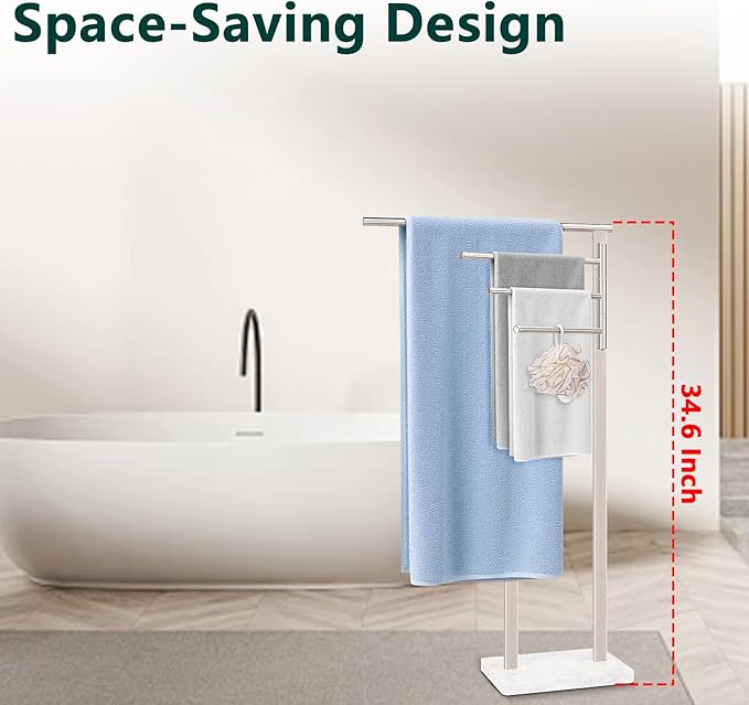Standing Towel Rack, 304 Stainless Steel Towel Holder Stand with Weighted Marble Base, Floor Bath Towel Racks for Bathroom, Pool, Outdoor with 3 Swivel Towel Arms, Brushed Nickel