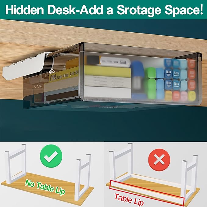 Under Desk Table Drawer Storage Organizer, Slide Out Drawer with 4 Compartments Divider,Pencil Storage Self-Adhesive Tray Under Table (M/Clear Black+White)