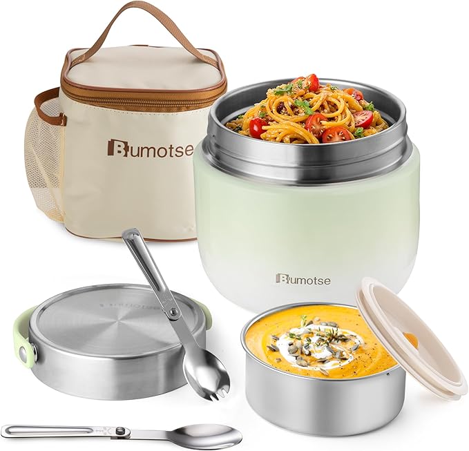 40oz Insulated Food Jar with 2 Compartments, Leak-Proof Thermo for Hot Food Wide Mouth Stainless Steel Includes Spoon and Fork Soup Thermo Lunch Containers Bento Box for Adults（Green