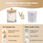 3 Pack Qtip Holder - Bathroom Organizers and Storage, Cotton Round Holder Floss Pick Cotton Ball Holder Swab Dispenser Set with Tray, Glass Apothecary Jars with Lids, -sw clear y