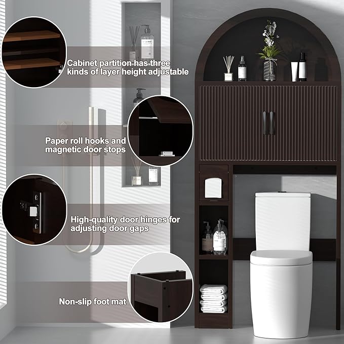 AHB Over The Toilet Storage Cabinet, Freestanding Bathroom Organizer with Adjustable Shelf and Anti-Tip Device, Arched Cabinet with Doors, Space-Saving Toilet Storage for Bathroom, Laundry, Mini Bar