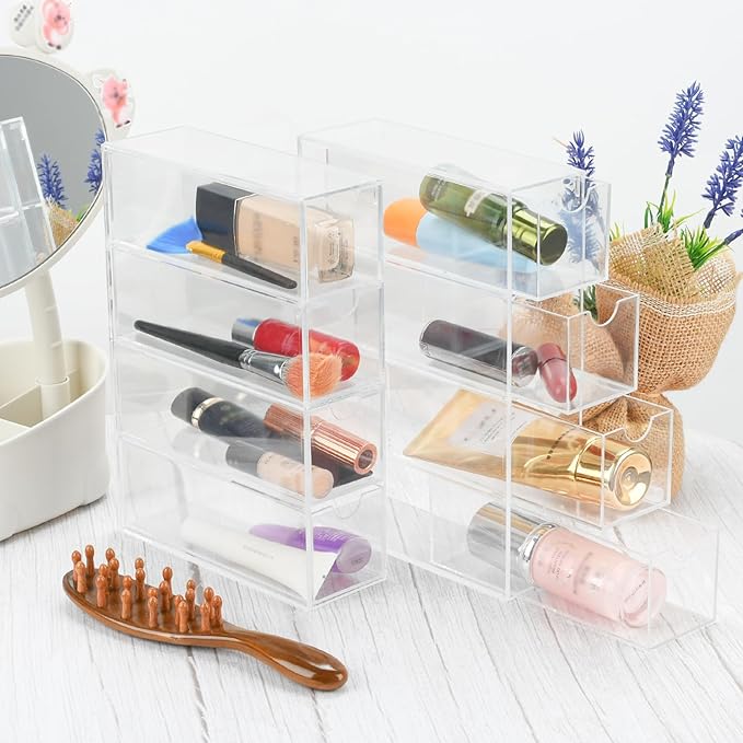 2 Pack Desktop Organizers of 8 Storage Drawers, Clear Acrylic Glasses Storage Drawers Organizer Office Desk Organizer for Vanity Table, Bathroom Counter, Teacher Desk, Dorm