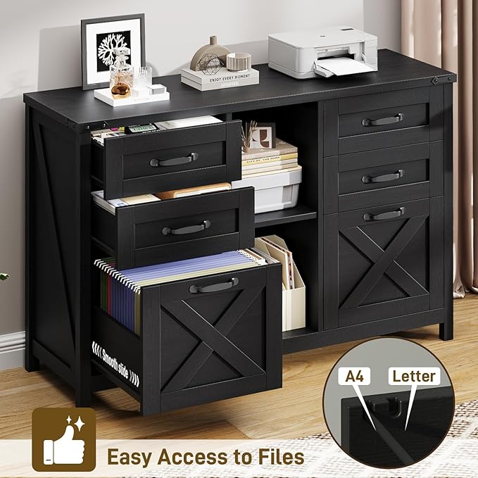 Lateral File Cabinet with 6 Drawers, Farmhouse Filing Cabinet for Letter/A4 Size, Wood File Storage Cabinets Printer Stand with Open Storage Adjustable Shelf for Home Office Cabinets, Rustic Black