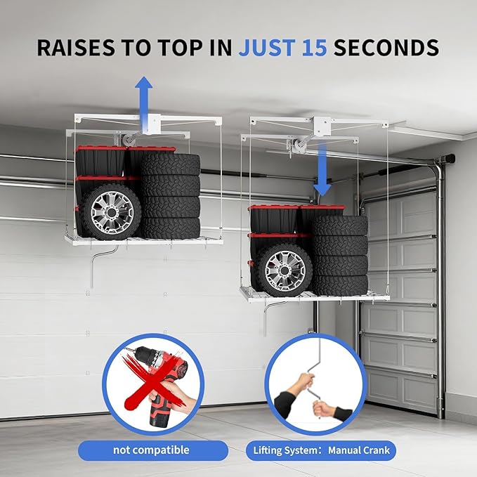 GAOMON Overhead Ceiling Storage Rack 4x4 ft,Heavy-Duty Carbon Steel Garage Lifting Rack with Manual Hand Crank, Adjustable Height, 350 Lbs Capacity, Maximizes Overhead Space for Garages, Basements