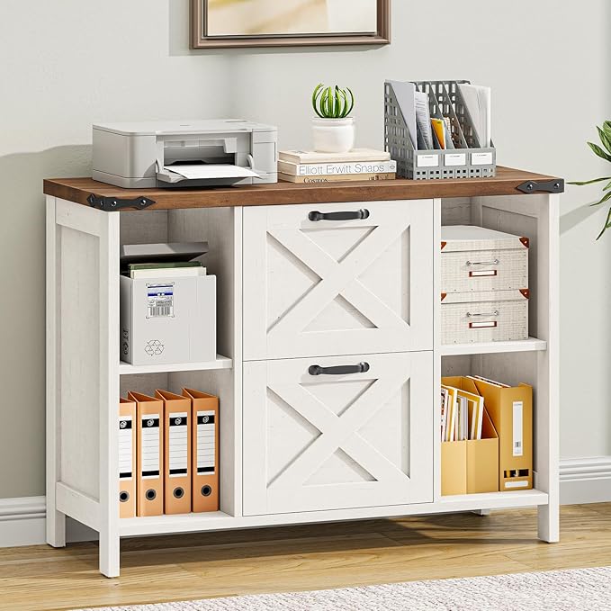 2 Drawer File Cabinet, Farmhouse Lateral Filing Cabinet Fits File Letter or A4 Size, Wooden Printer Stand with Open Storage Adjustable Shelf for Home Office, Rustic White