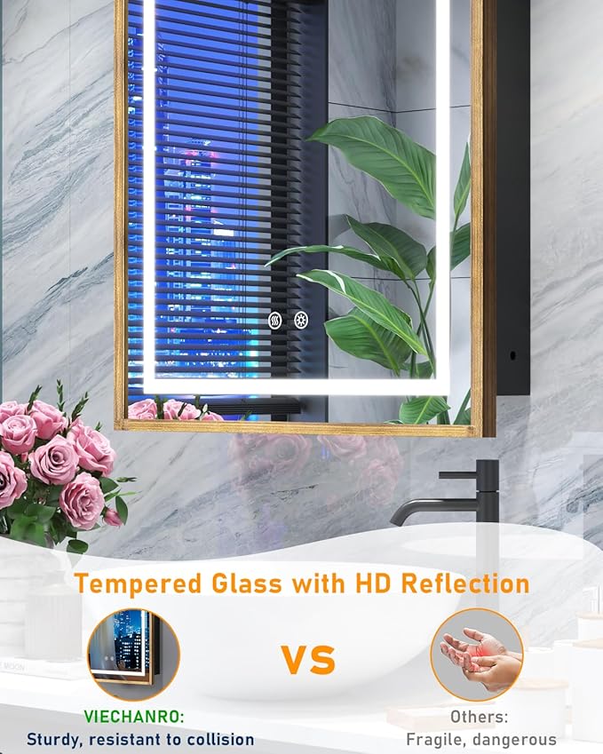 20"x30" LED Bathroom Medicine Cabinet with Mirror and Lights, Bronze Hand-Painted Baroque Bathroom Storage with Mirror, Recessed / Wall Mounted, Dimmable 3 Color Lighting Anti-fog ( with 1 Organizer)