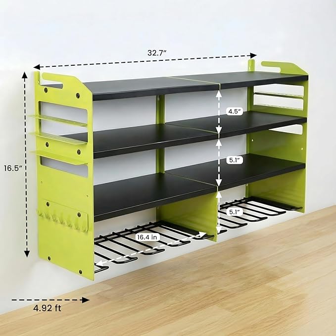 4-Tier Heavy Duty Power Tool Organizer, 600lbs Capacity Reinforced Steel Drill Rack with Side Accessory Mounting Studs, High-Visibility Wall Mount Storage, Fluorescent Green