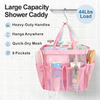 F-color Mesh Shower Caddy Portable, Upgrade Deeper 7 Pockets Shower Bag Basket Tote for College Dorm Room Toiletry Bathroom Essentials Gym Camp Quick Dry 2 handles with S Hook, Pink