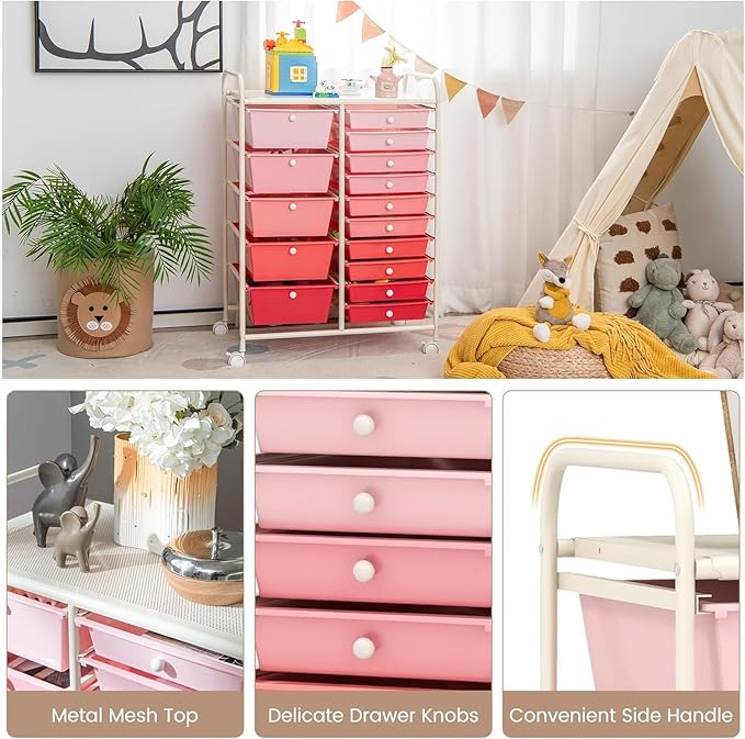 LUARANE Rolling Cart with 15 Drawers, Craft Storage Cart with Portable Handles & Lockable Wheels, Mobile Toys Organizer, Large Capacity Utility Drawer Cart Home Office School Teacher (Gradient Pink)