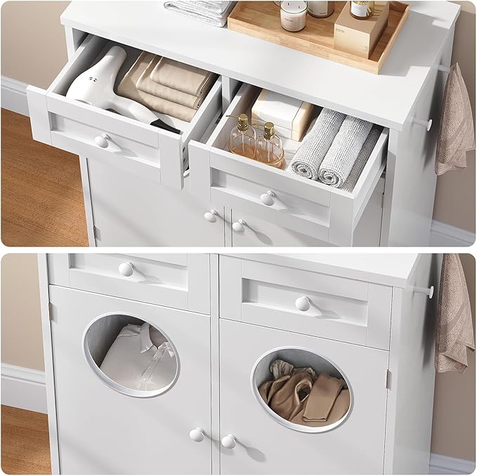 HOOBRO Double Laundry Hamper Cabinet, Hidden Laundry Cabinet with 2 Drawers & 2 Baskets, 20 Gallon Farmhouse Bathroom Laundry Hamper with 2 Clothes-Toss Holes, White WT36XY01