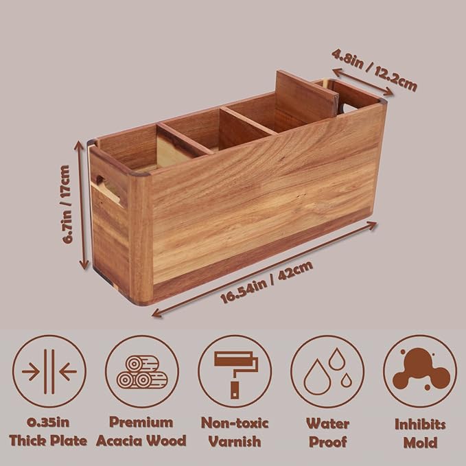 Wooden Kitchen Utensil Holder for Countertop - Extra Large Utensil Organizer for Storage Cooking and Silverware with 4 Compartment, Rustic Acacia Wood Container