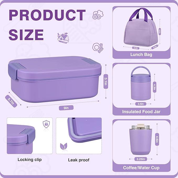 Bento Lunch Box Set with 10.5oz Soup Thermo Food Jar for Adults Kids, Stainless Steel Leak-proof Lunch Container with 4 Compartment, Coffee Tumbler with Lunch Bag for School Travel Office-Purple