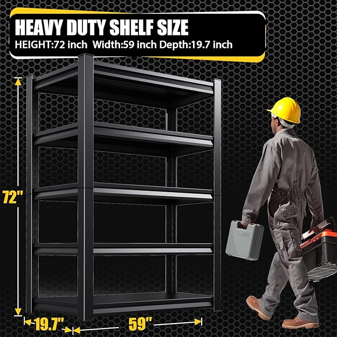 5-Tier Garage Shelving Heavy Duty, 3000LBS Garage Shelves, Adjustable Metal Shelving Unit, Garage Storage Shelves, Utility Storage Rack Shelf，Shelves for Garage Storage, 72" H×59" W×19.7" D