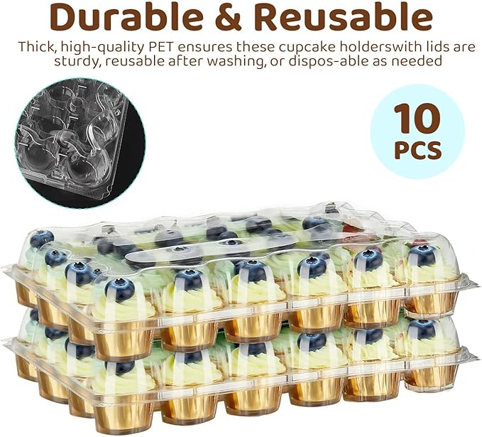 24 Pack x 10 Sets Count Cupcake Containers, Plastic Disposable Cupcake Boxes Holder, Stackable Clear Cupcake Carrier with High Tall Dome Lid