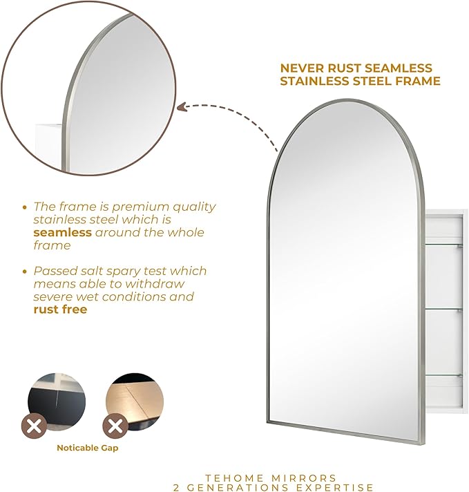 TEHOME 20 x 30'' Brush Nickel Arched Bathroom Medicine Cabinet with Mirror Recessed and Surface Mount Medicine Cabinet Mirror
